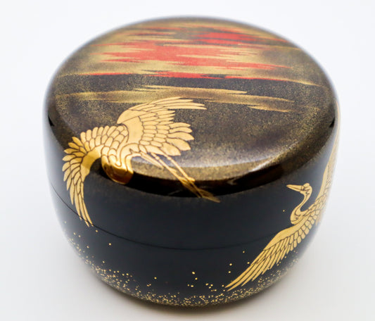 Traditional Japanese NATSUME Tea Caddy with Crane and Dawn Motifs
