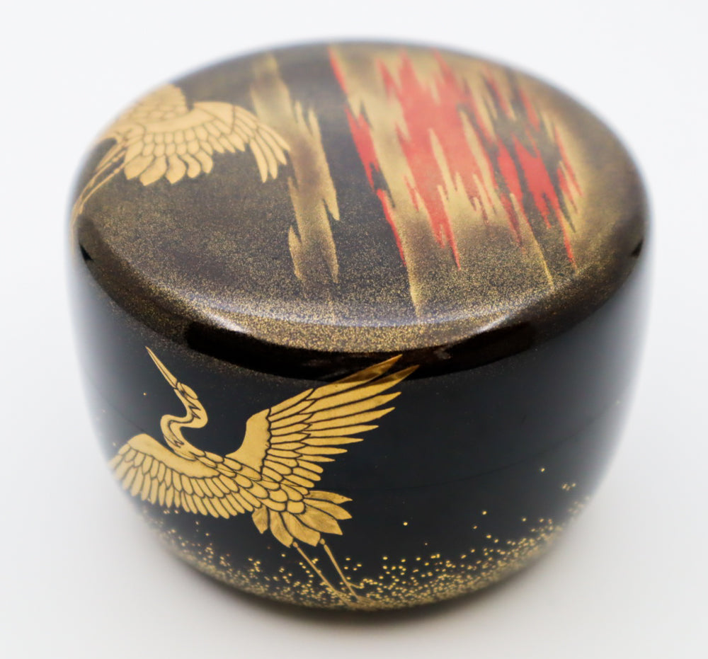 Traditional Japanese NATSUME Tea Caddy with Crane and Dawn Motifs