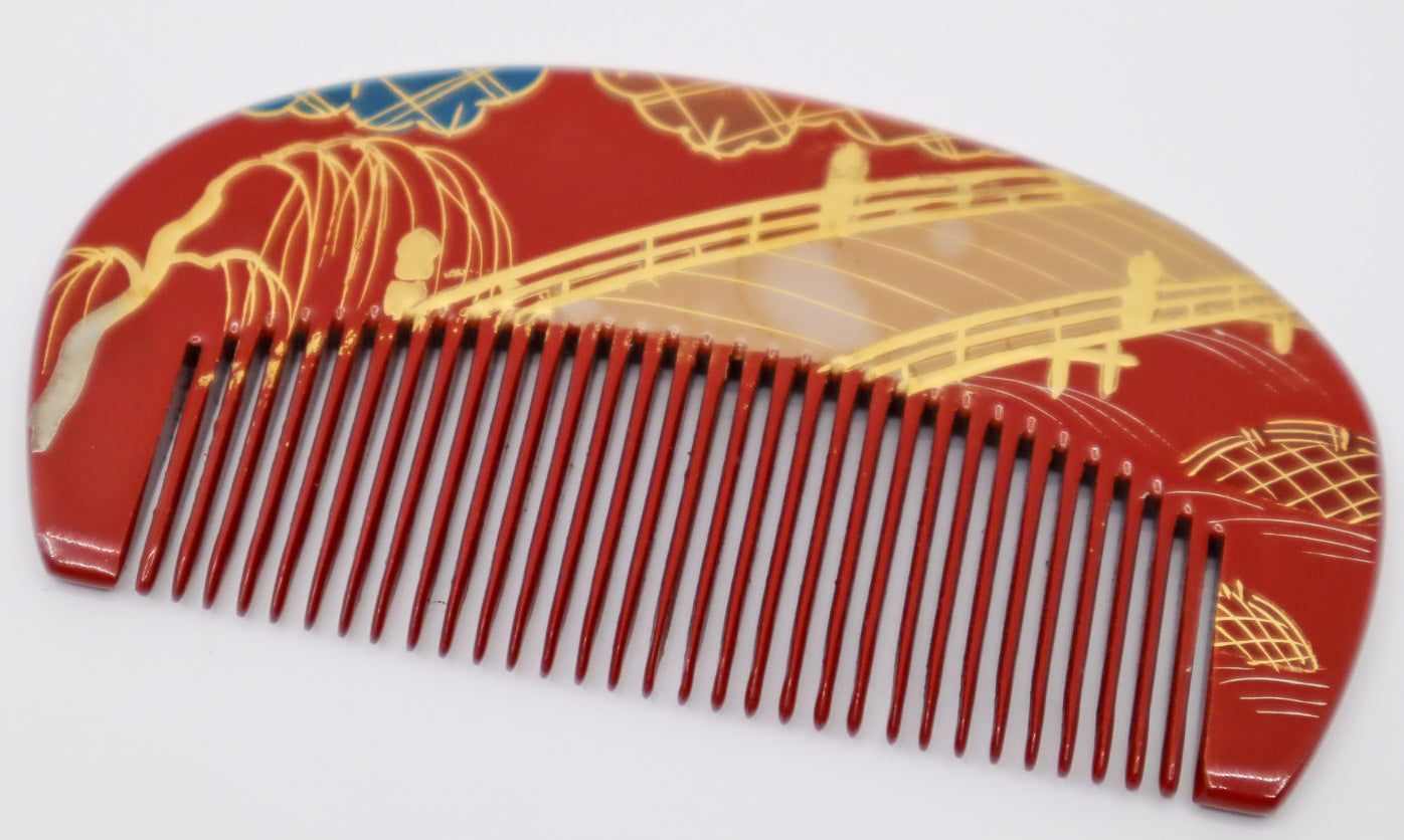 Japanese lacquered comb KUSHI w Bridge and Willow