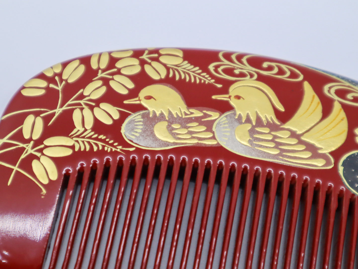Japanese lacquered comb KUSHI w Mandarin Duck
