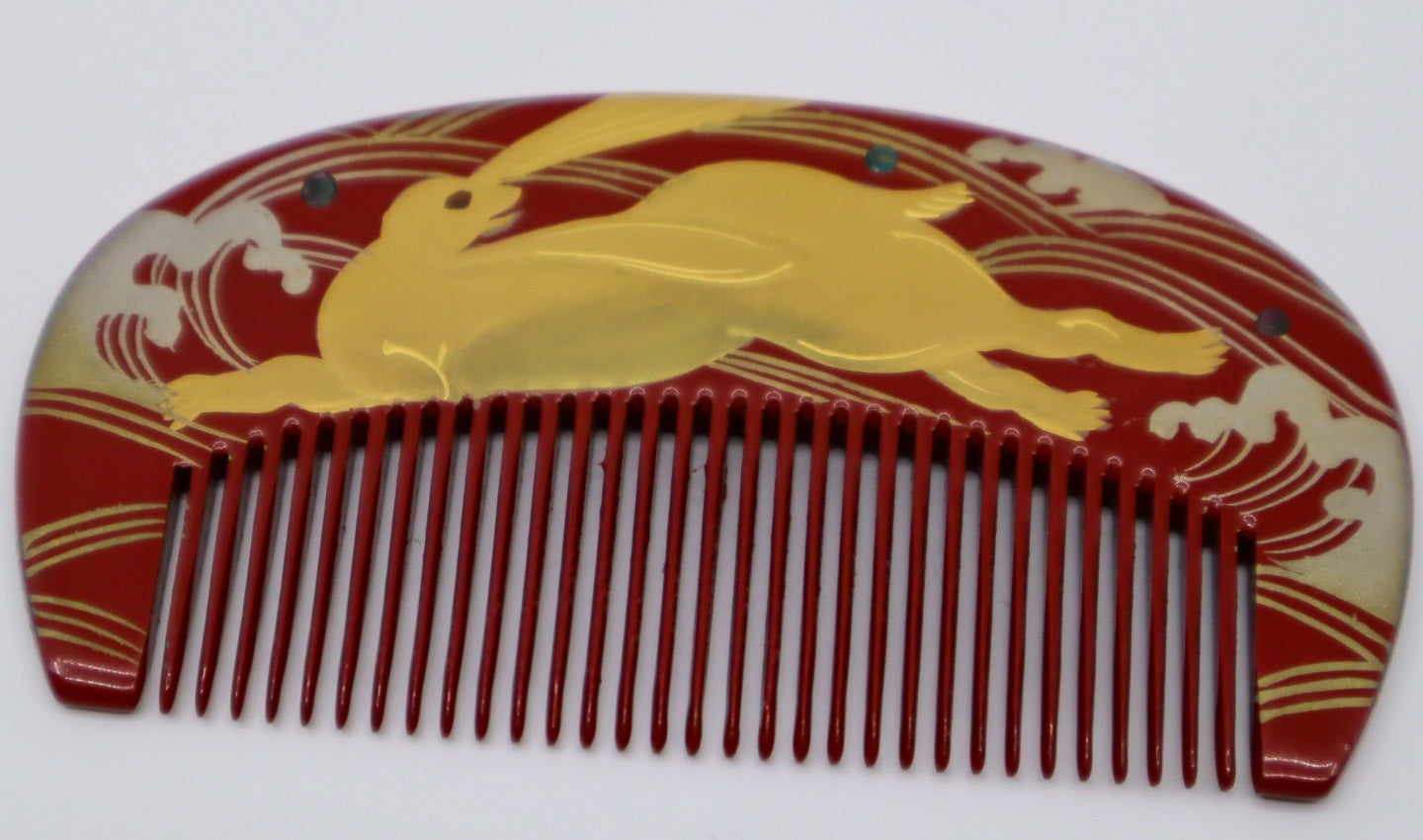 Japanese lacquered comb KUSHI w Rabbit and Waves