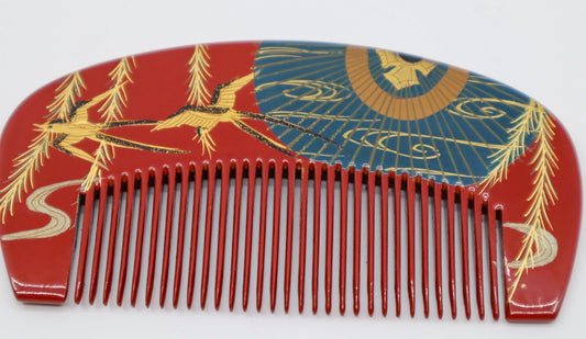 Japanese lacquered comb KUSHI w Swallows and Umbrella